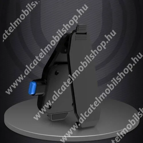 ALCATEL One Touch Scribe Easy UNIVERZÁLIS övcsipesz / kitámasztó okostelefonokhoz - asztali tartó funkció, 360°-ban forgatható, vízszintes és függőlegesen is csíptethető, 2db felragasztható fémlap, tapadófelület mágneses autós tartóhoz - FEKETE