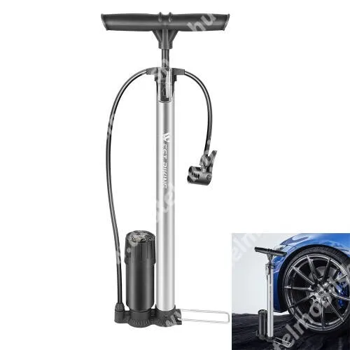 ALCATEL 2005 WEST BIKING UNIVERZÁLIS biciklis / motoros / autós kézipumpa - 2db adapter, manométer nyomáskijelzés, 160PSI (11bar) max, T-fogantyú, kétszelepes fejkialakítás, csúszásgátló, használható autó és kerékpárabroncsok, valamint labdák és matracok pumpálásához