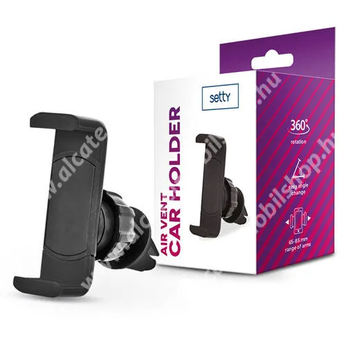 ALCATEL Pixi 4 (5) - 5010 SETTY UNIVERZÁLIS autós / gépkocsi tartó - FEKETE - szellőzőrácsra rögzíthető, 360°-ban forgatható, 65-85mm-ig nyíló rugós bölcsővel