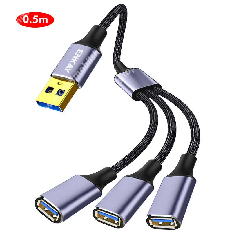 ALCATEL One Touch Pixi 2 ENKAY 3 portos USB 3.0 hub, Elosztó, Szövettel bevont kábel, Törésgátló, 50cm hosszú, 4 készülék egyidejű töltésére is alkalmas, Szürke